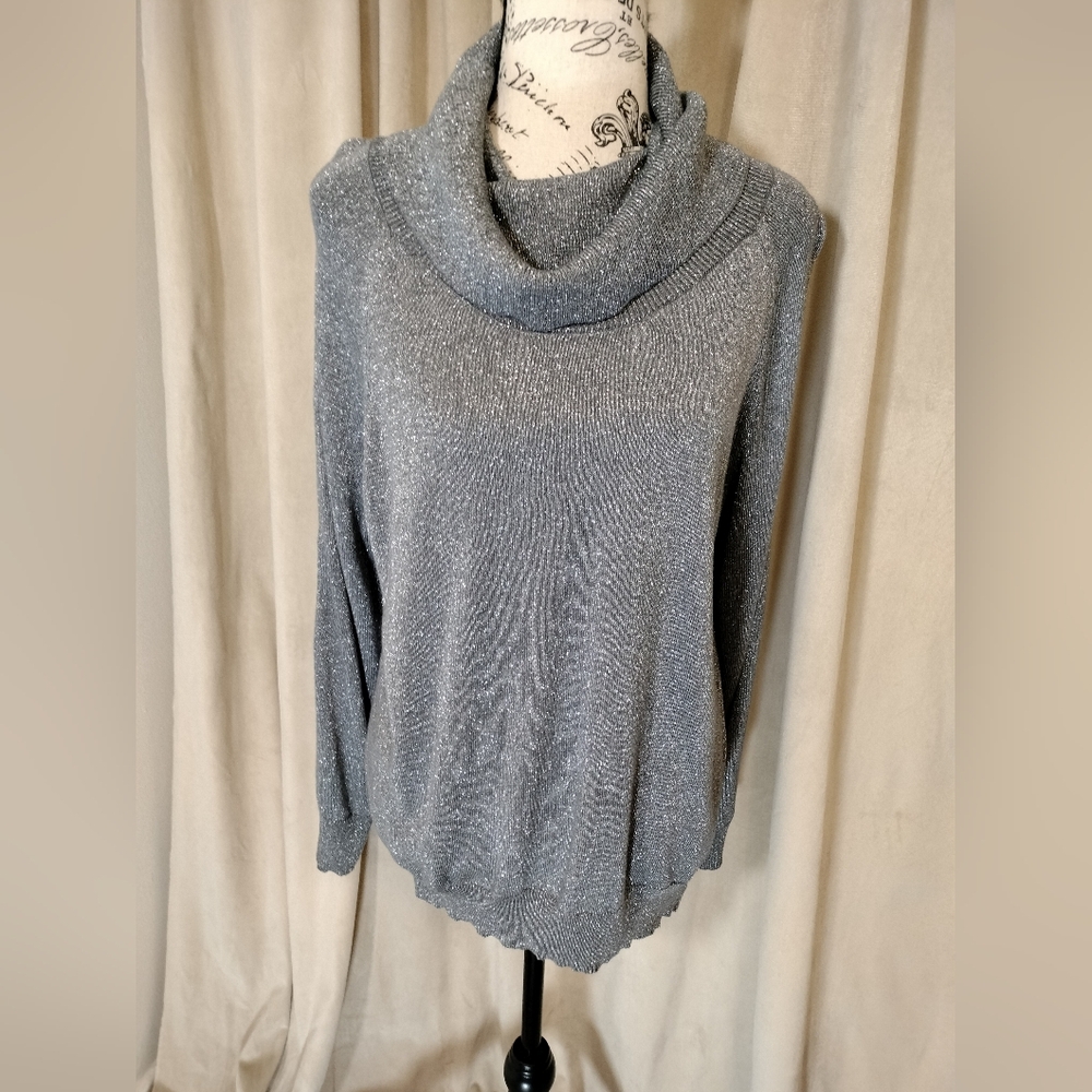 Joseph A Silver Metallic Open B Sleeve Cowl Neck Sweater